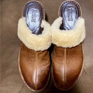 Born Brown Leather Clogs with Cream Fur Lining